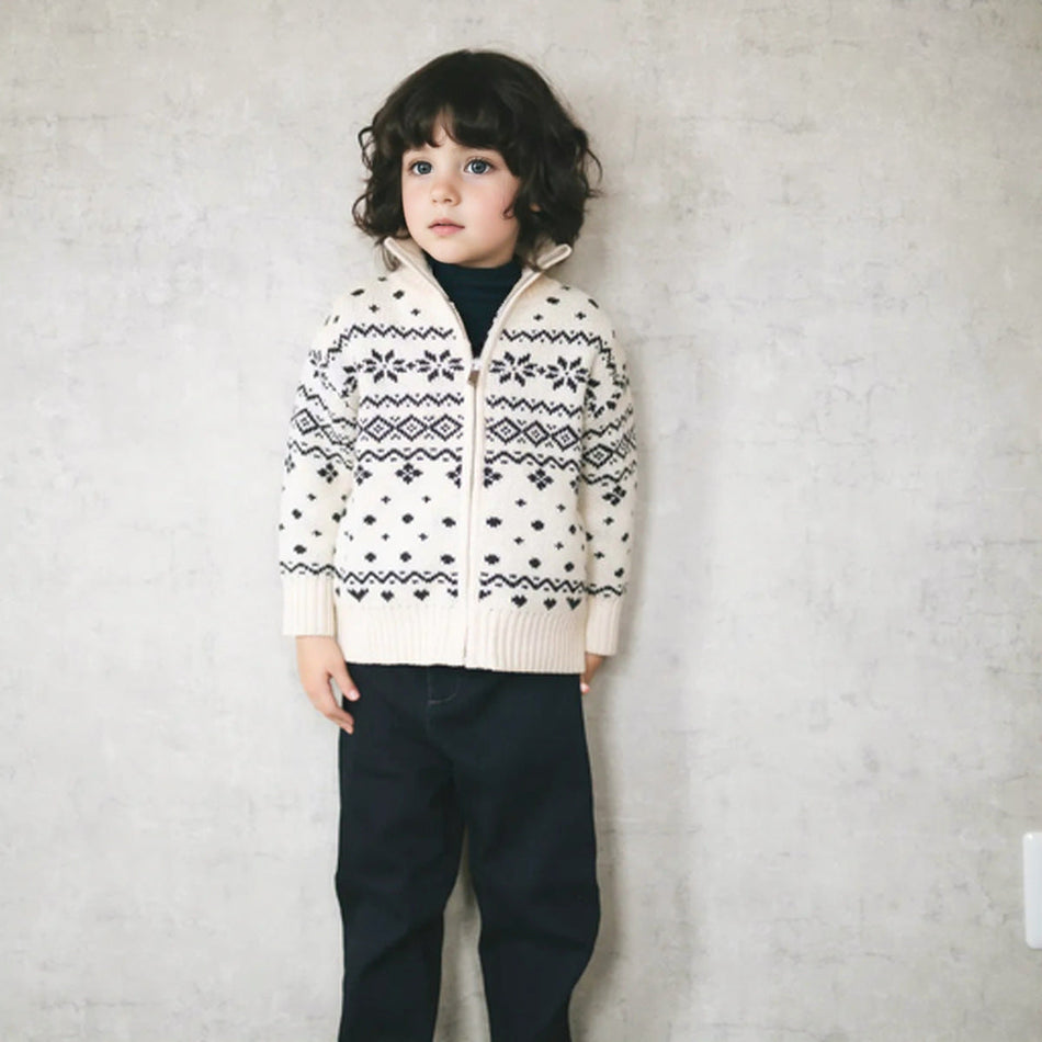 Boys’ High Neck Fair Isle Knitted Zipper Cardigan Autumn Winter