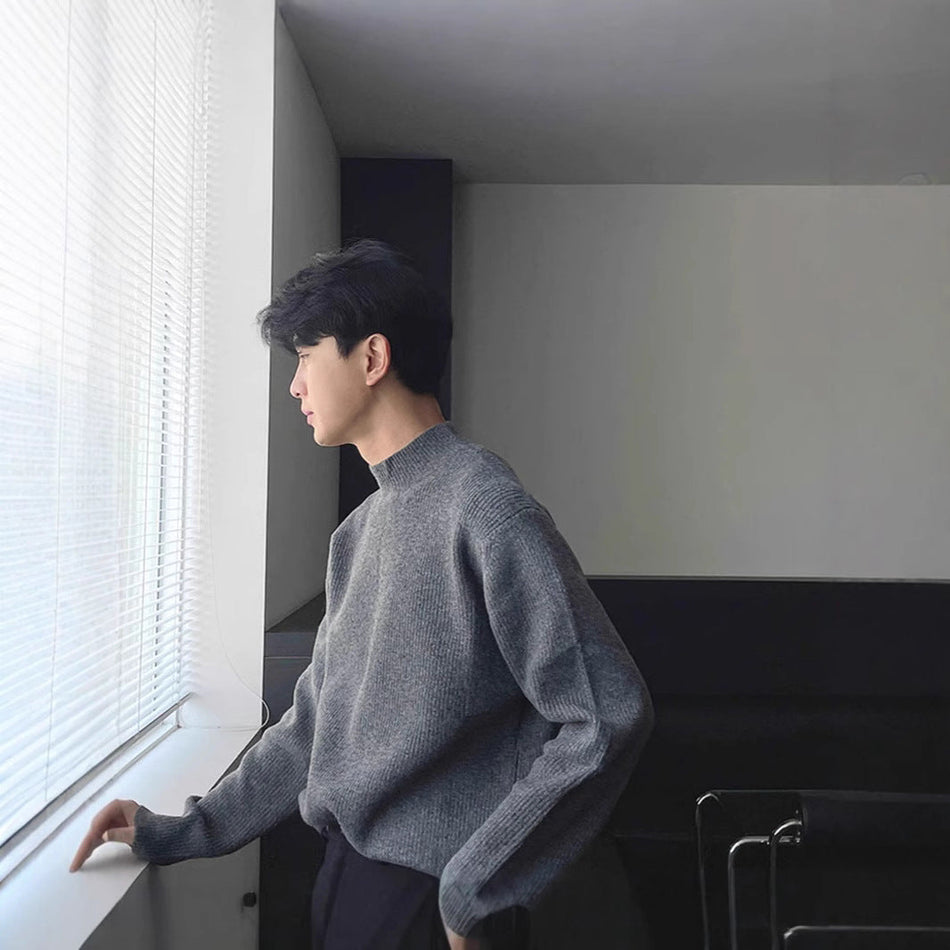 Men’s Mock Collar Wool Sweater – Slim Core-Spun Knit