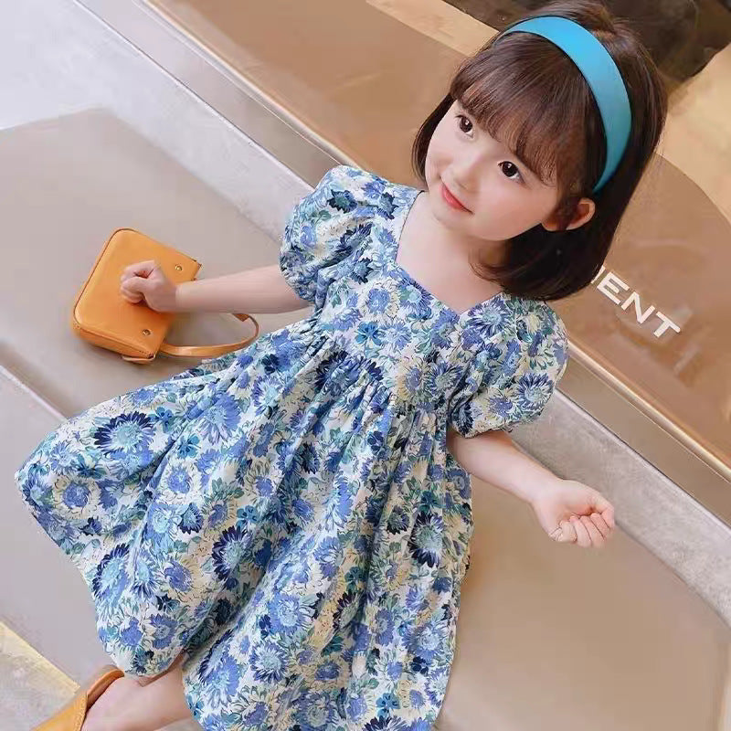 Girls Blue Floral Puff Sleeve Princess Dress Summer – Summer Kids Fashion Nepal | Tudoholic