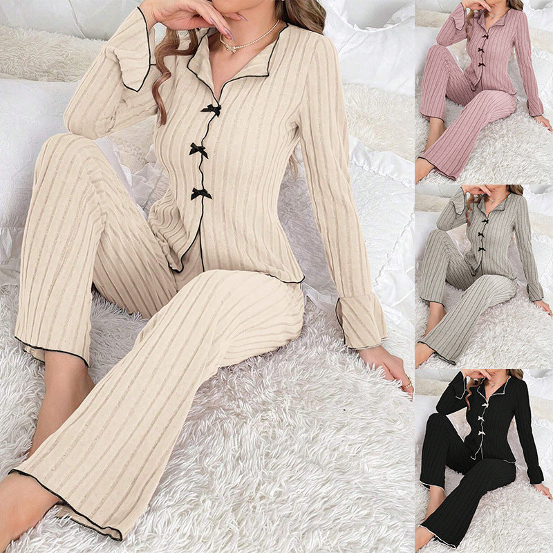 Women’s Sexy Pajama Set Lapel Bow Long-Sleeve + Pants