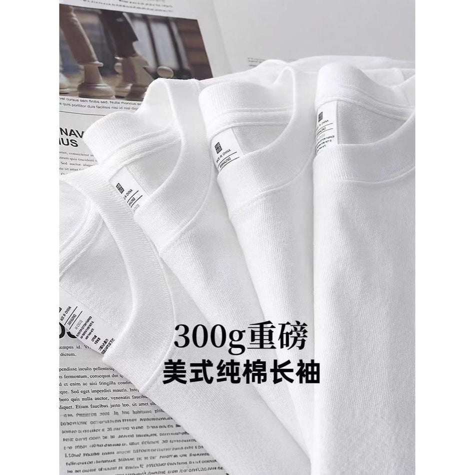 Unisex 300g Xinjiang Cotton Long-Sleeve Loose White T-Shirt