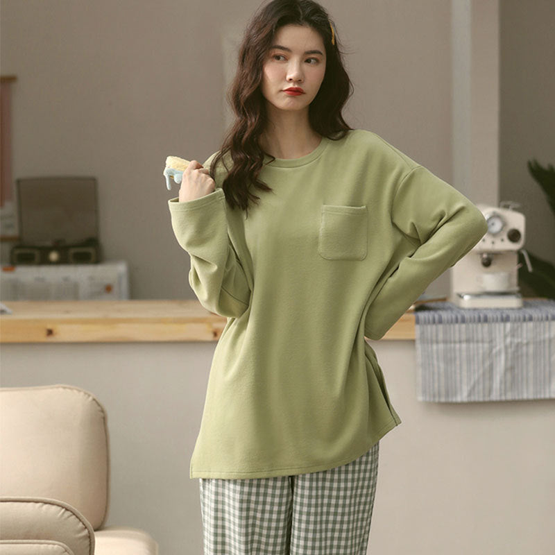 Korean Style Plaid Pajama Set – Casual Spring/Autumn Look
