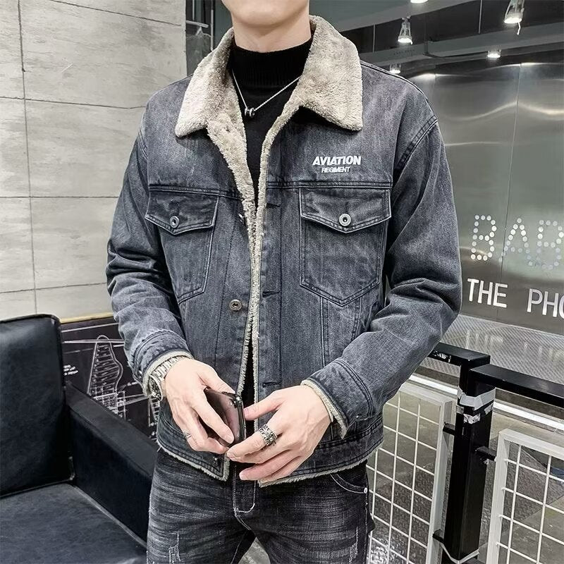 Men’s Denim Fleece-Lined Thickened Jacket Autumn Winter