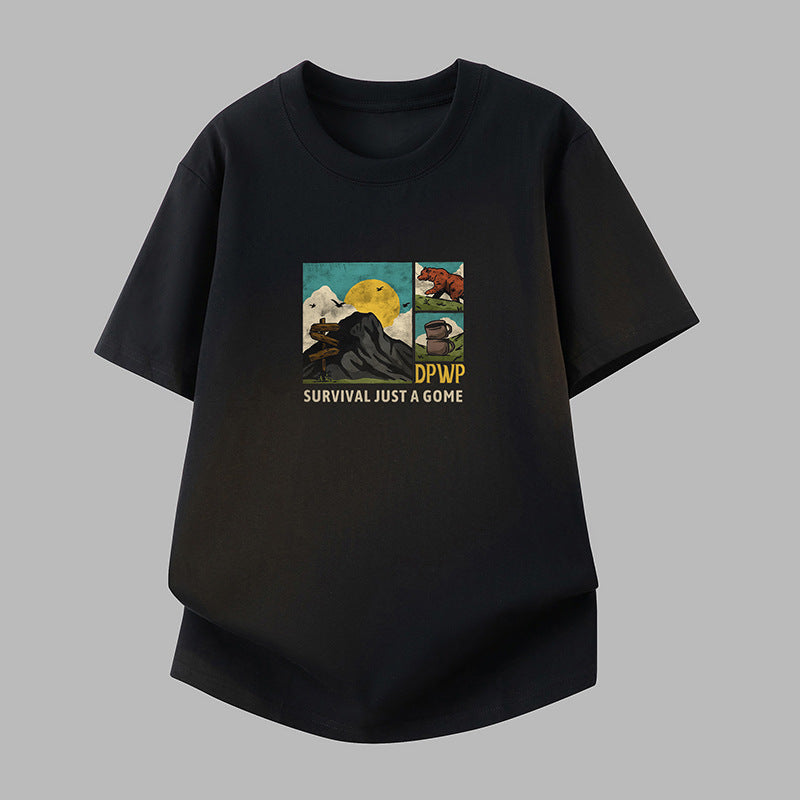 Men's Pure Cotton Fun Print Black Crew Neck Short Sleeve T-Shirt