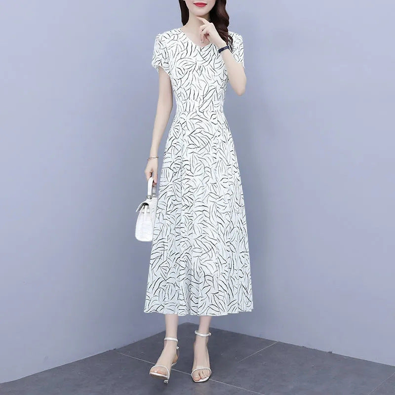 STOCK-Floral Chiffon Slimming Long Dress