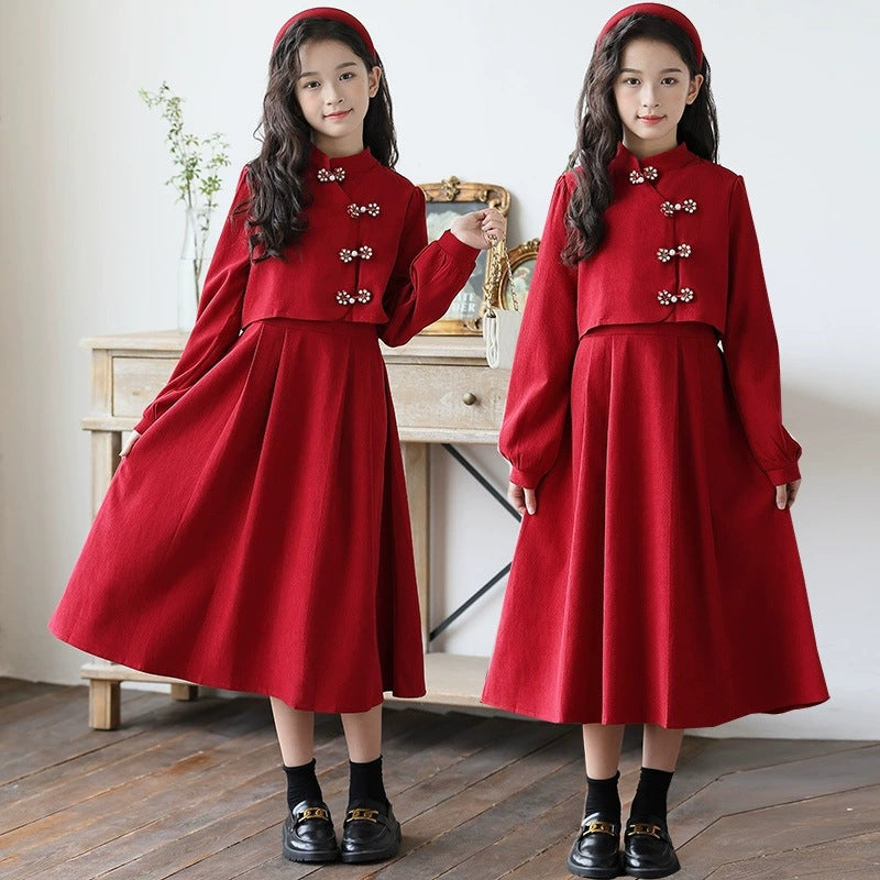 Girls’ Chinese-Style Two-Piece Look Dress