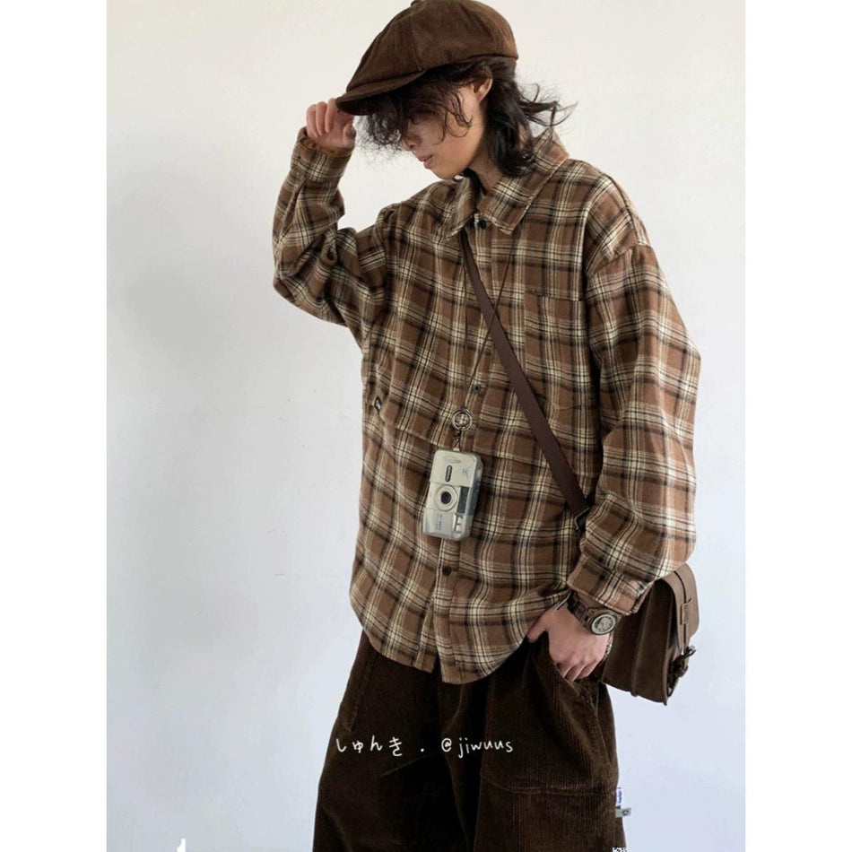 Retro Woolen Plaid Men’s Overshirt Lazy Spring Jacket