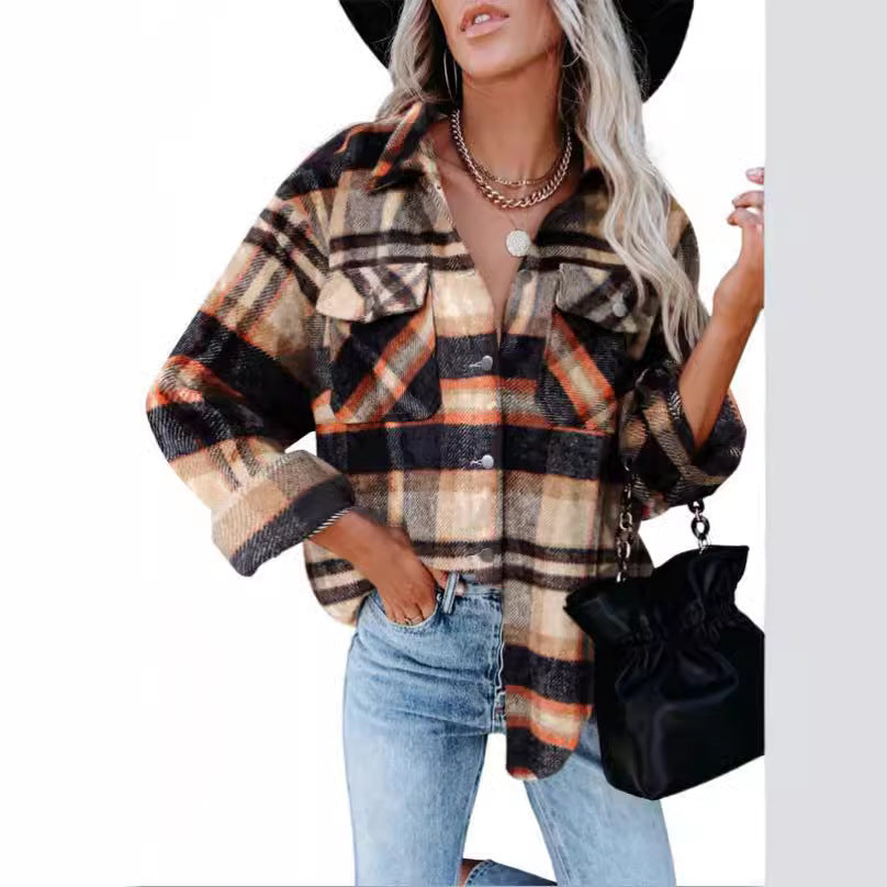 Autumn Winter Plaid Woolen Flannel Shirt Coat Up