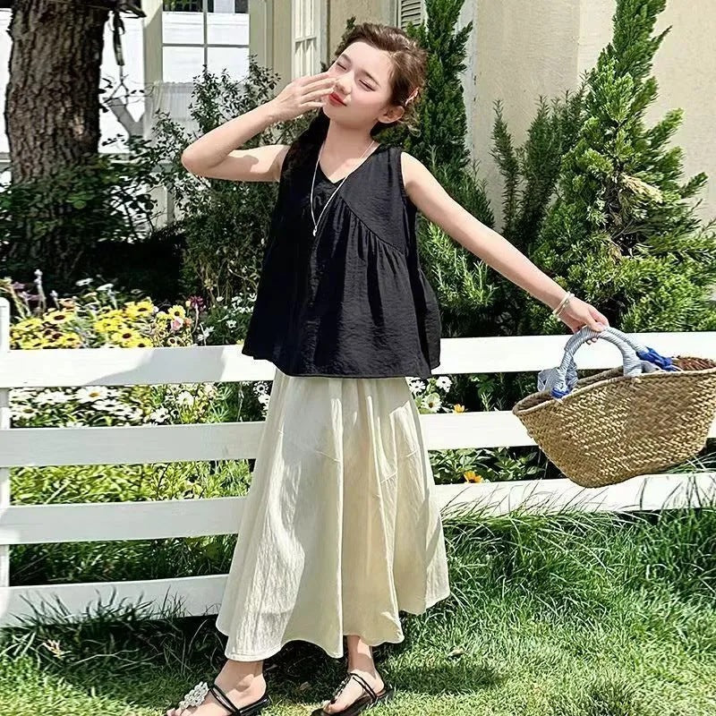 Girls’ Summer 2025 Sleeveless Top & Skirt Set – Summer Kids Fashion Nepal | Tudoholic