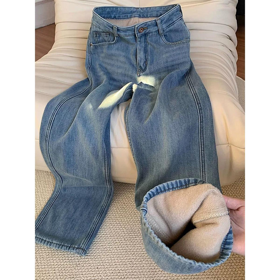 Plus Size Fleece-Lined High Waist Winter Jeans Women
