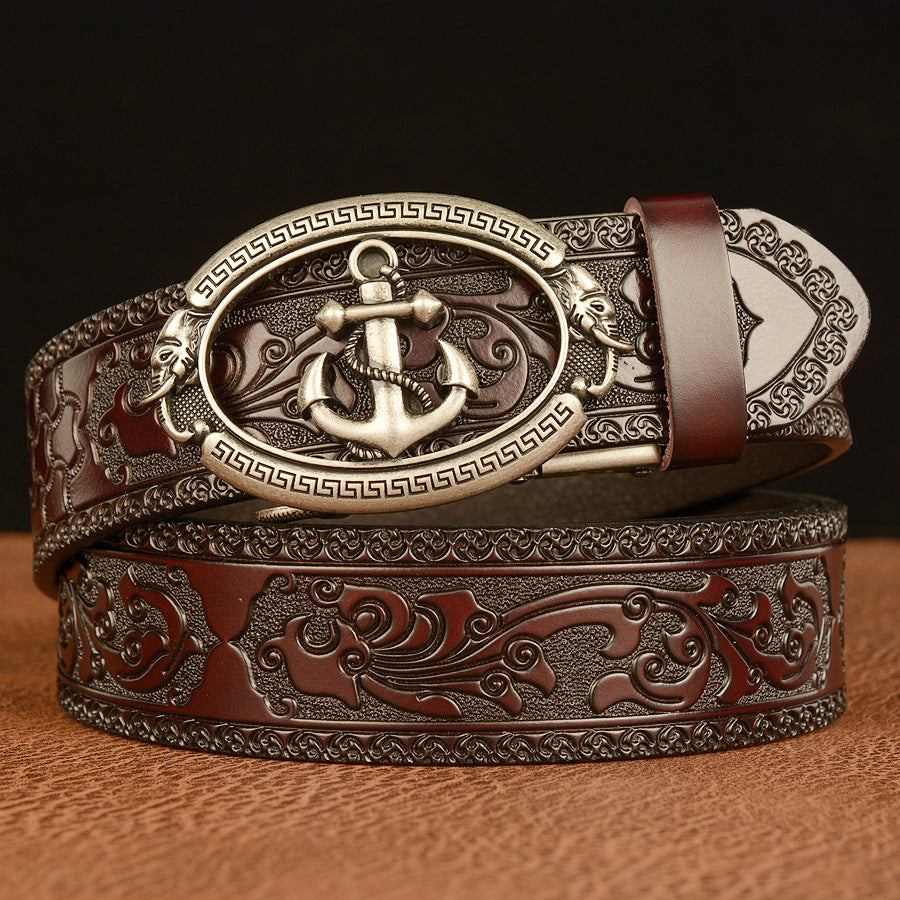 INSTOCK-Men’s Cowhide Belt ⚓ Anchor Buckle Tang Grass Pattern