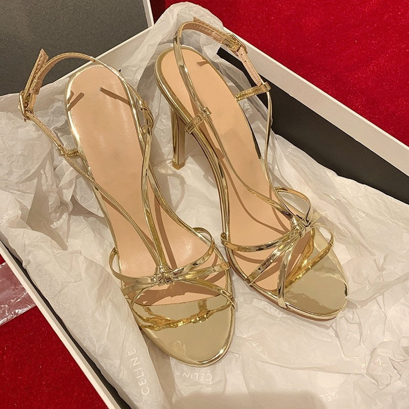 STOCK-Golden Strap Thin-Heel High Heels for Women