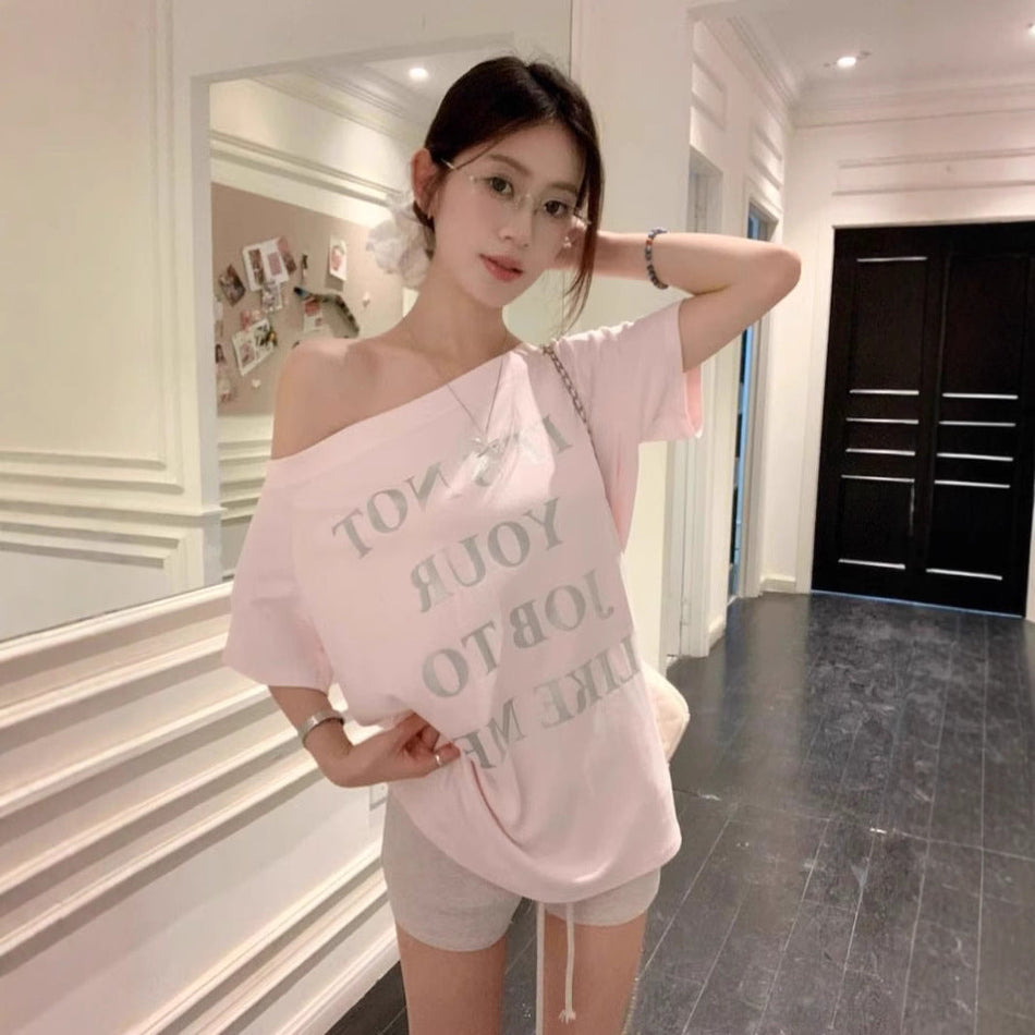Pink Off-Shoulder Letter Print T-Shirt