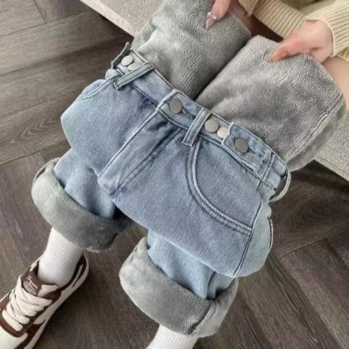 STOCK-High-Waist Wide-Leg Fleece-Lined Winter Jeans