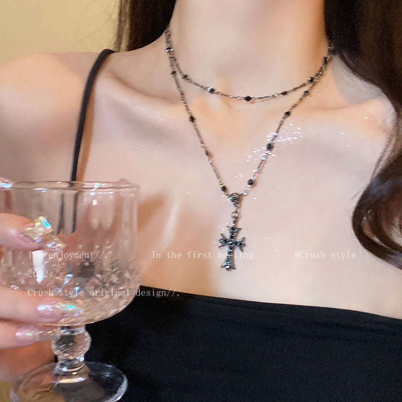 Double Layer Cross Sweater Necklace Women