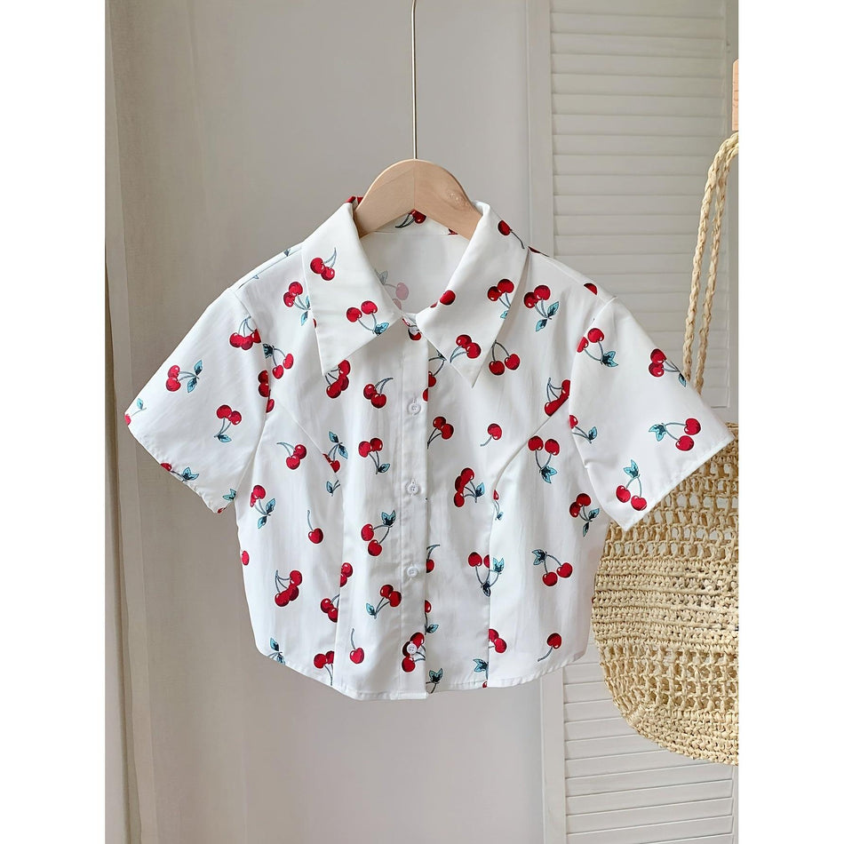 Elegant Cherry Print White Shirt for Women – Summer Style