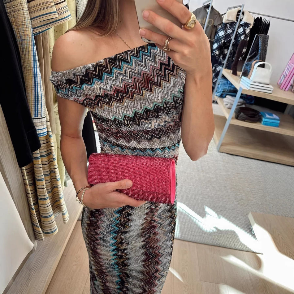 Oblique Shoulder Knitted Printed Dress - Trendy Party Wear