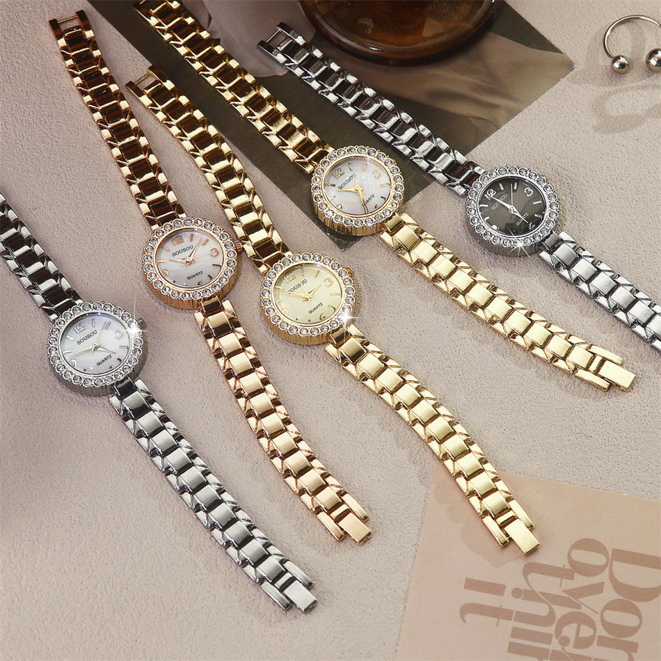 Diamond-Accented Women’s Quartz Watch Thin Alloy Strap