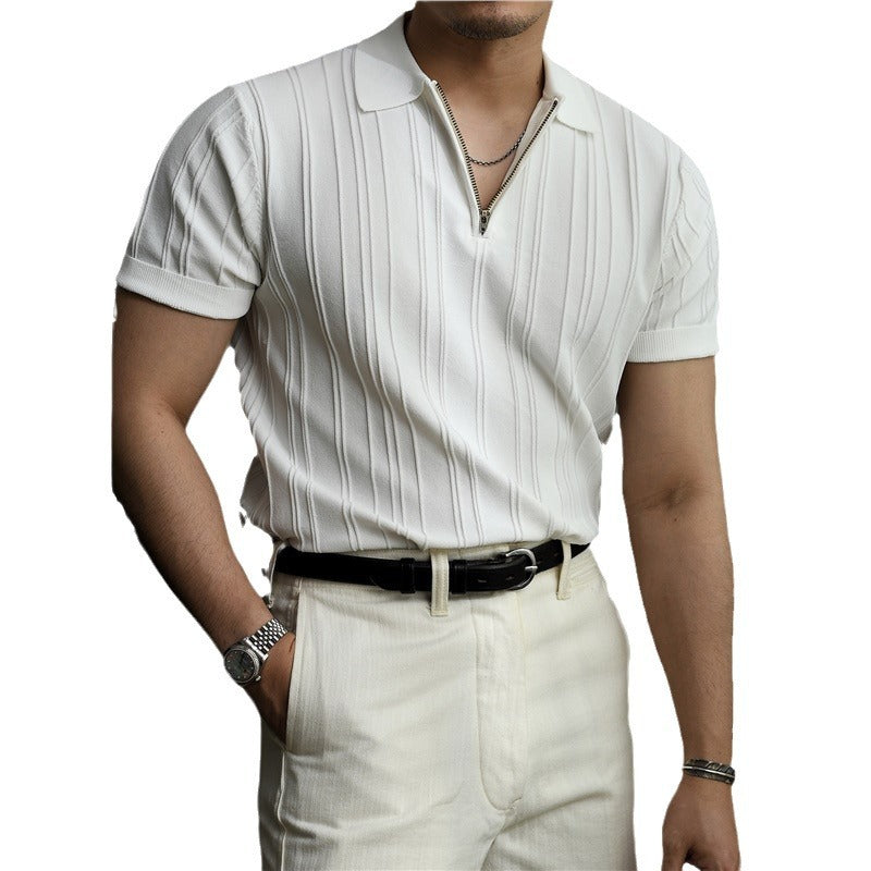 Men's Short-Sleeved Half-Zipper Striped Polo Summer Top