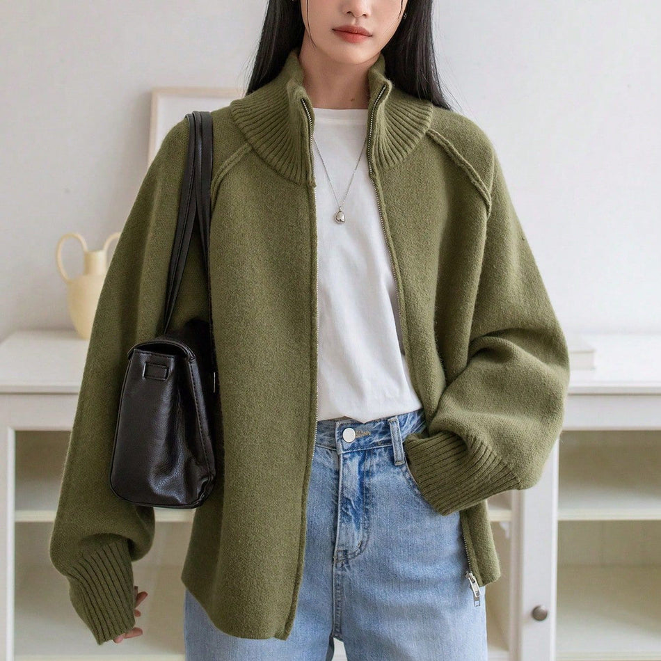 Women’s Knitted Sweater Jacket Stand Collar Zipper