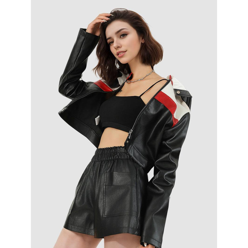 Women Contrast Color PU Leather Short Motorcycle Jacket