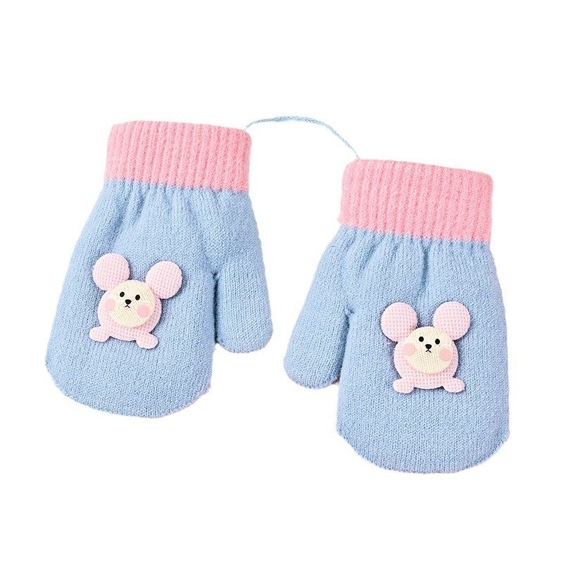 Cartoon Knitted Baby Gloves with Lanyard, Warm Fleece