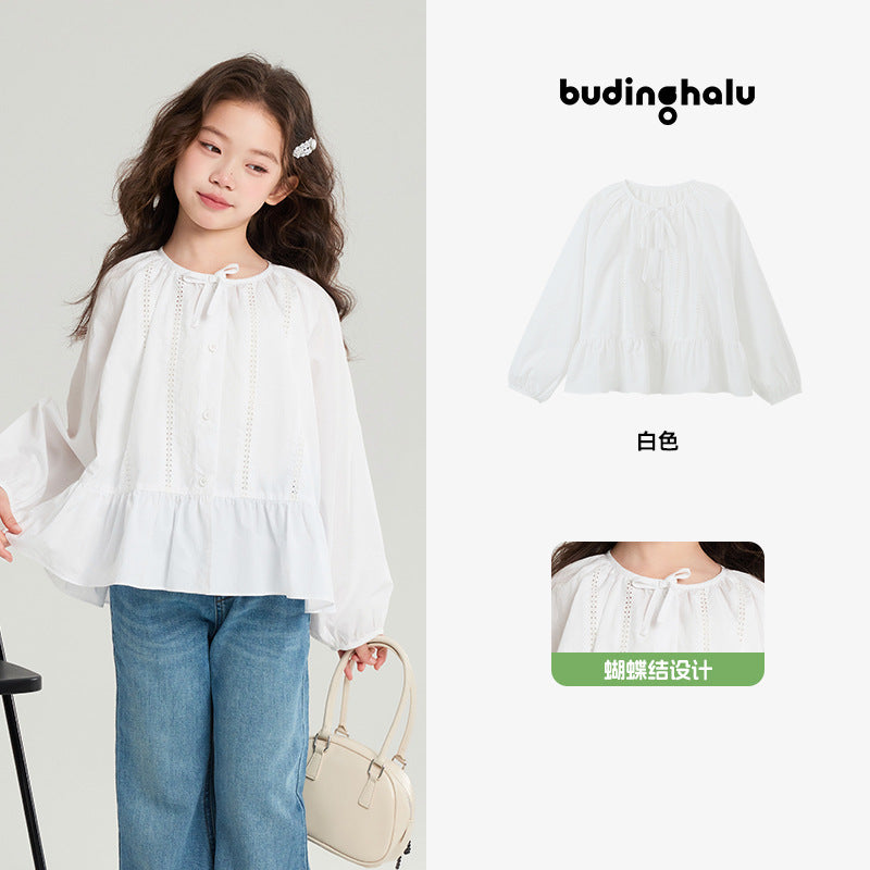 Pudding Haru Girls’ Solid White Bow Round-Neck Shirt – Kids Fashion Nepal | Tudoholic