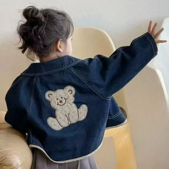 Kids Cartoon Bear Embroidery Denim Coat 2025 Spring Top