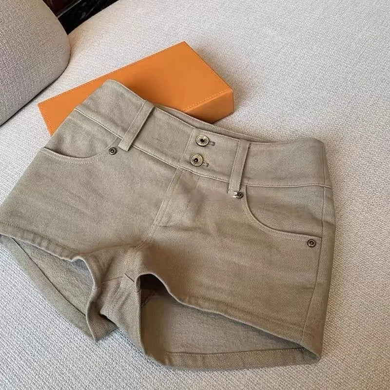 Khaki High Waist Denim Shorts Straight Leg Women