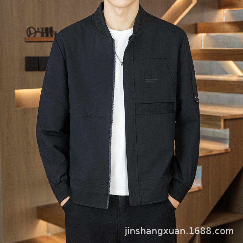 Men’s Three-Proof Baseball Jacket – Black Stand Collar