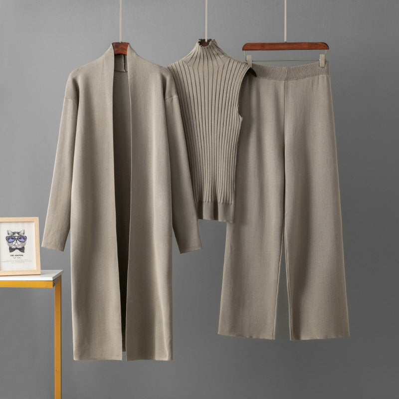 Women’s European-Style Solid Color Three-Piece Knit Set