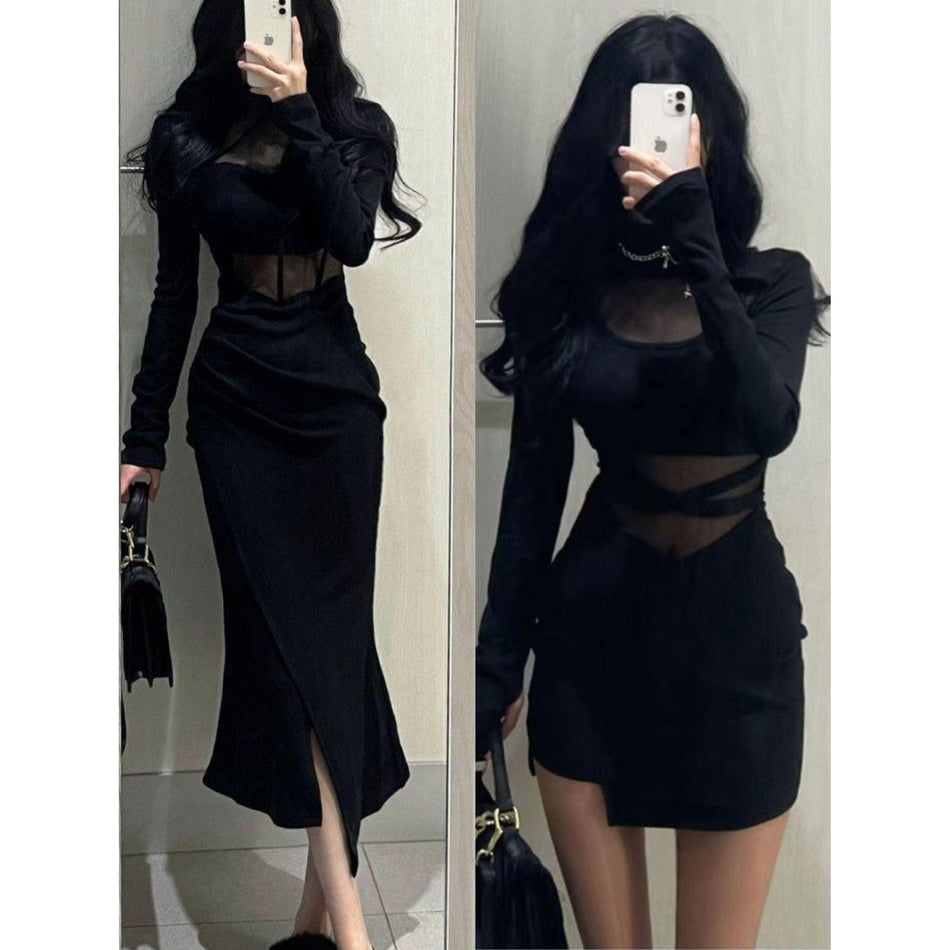 Slightly Sheer Black Mesh Splice Bodycon Dress Women Evening