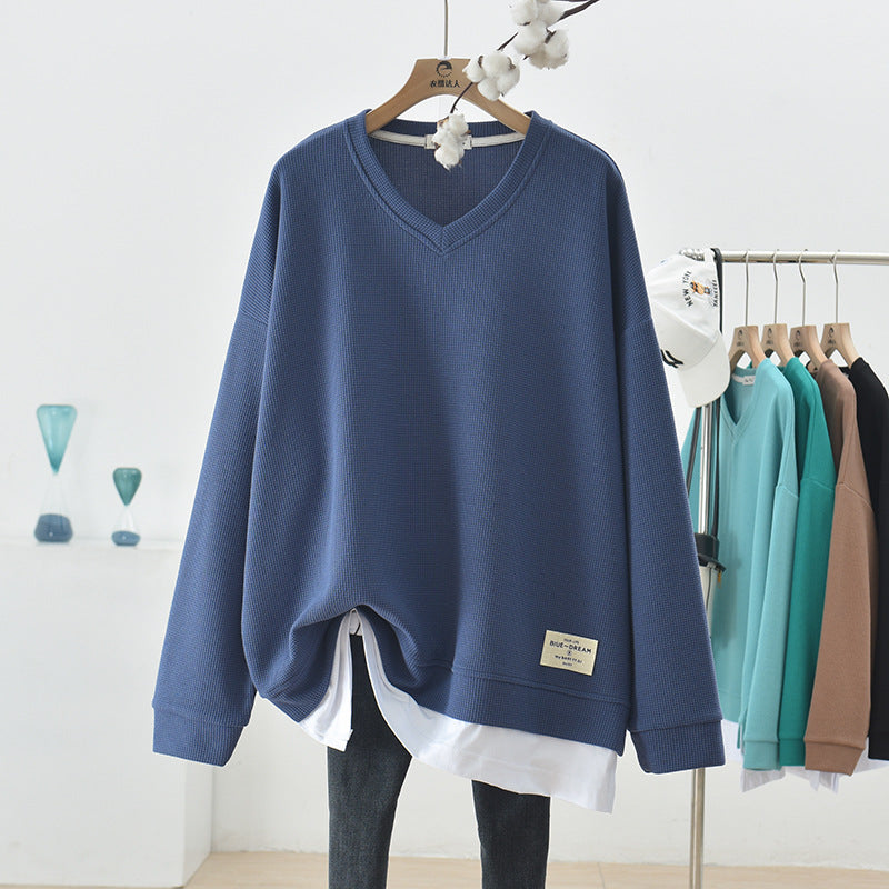 STOCK-Waffle Stitch Fake Two-Piece Sweater