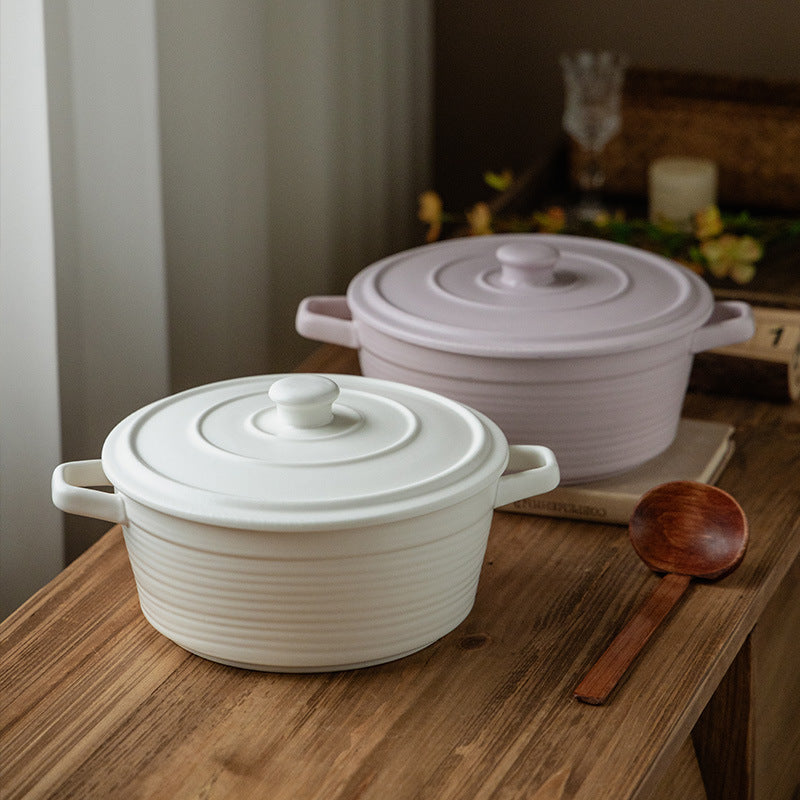 Ceramic Soup Bowl with Lid Double Handle Household