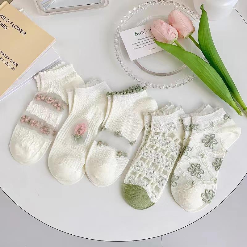 (Pack of 5)-Floral Invisible Socks – Korean Style Sweet Summer