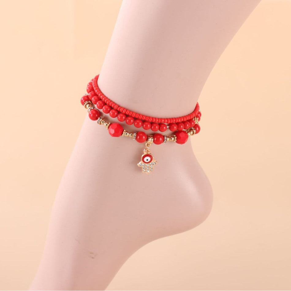 Palace-Style Red Beaded Anklet Set – 3-Piece Jewelry