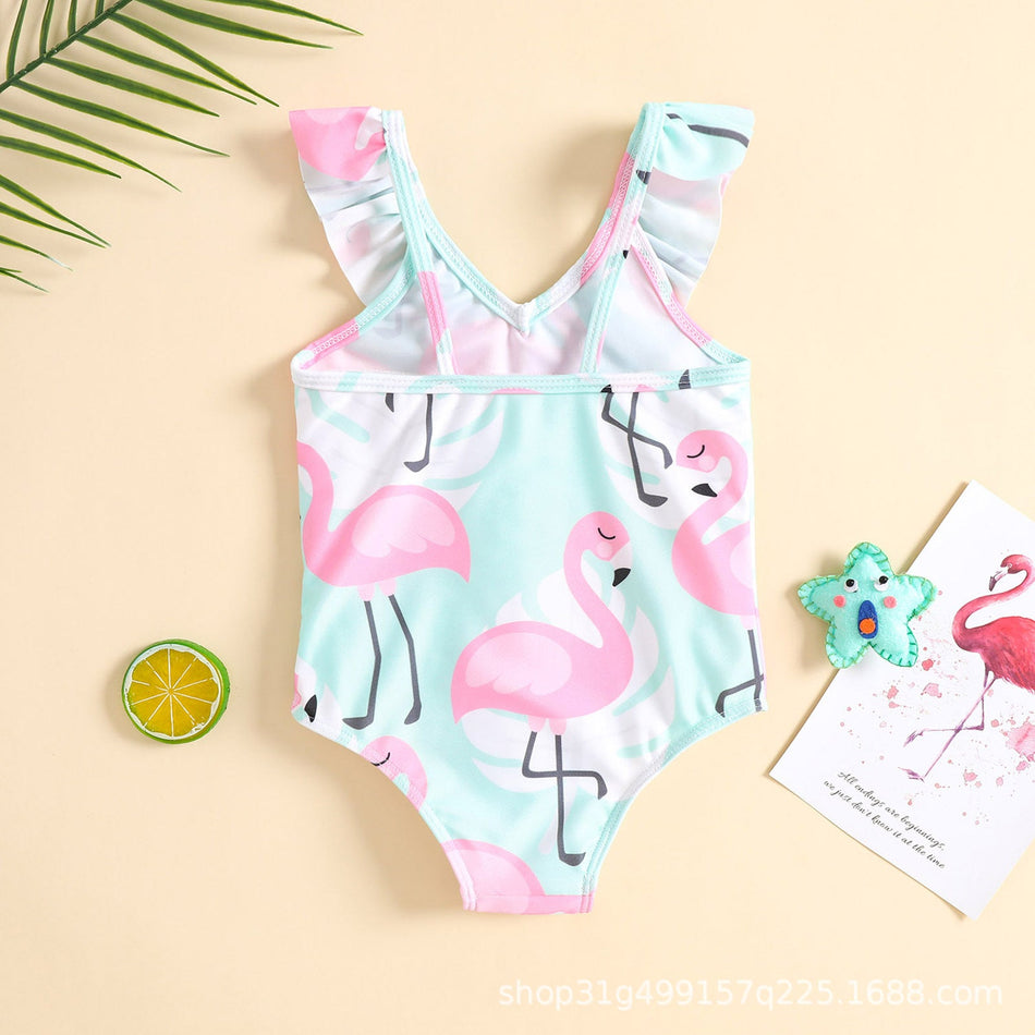 Flamingo Print Girls’ Swimsuit – Cute V-Neck Beachwear