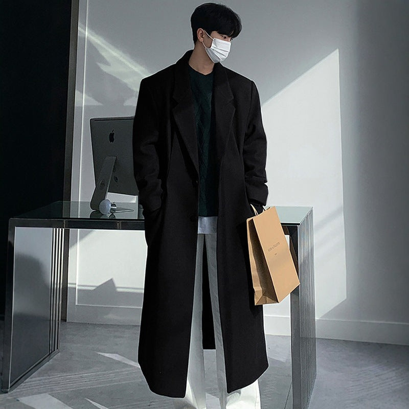 British Windproof Mid-Length Wool Coat Men Loose Trendy