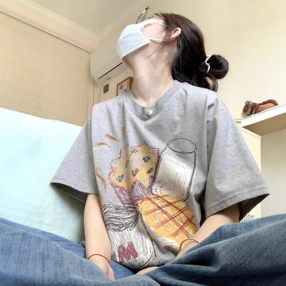 Retro Grey Cotton T-Shirt for Women – Heavy-Duty Summer Half