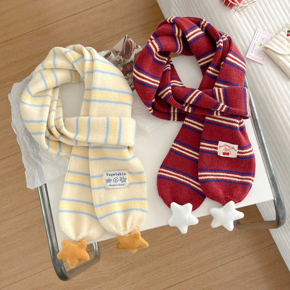 Preppy Korean Striped Star Knitted Warm Scarf Women  Neck