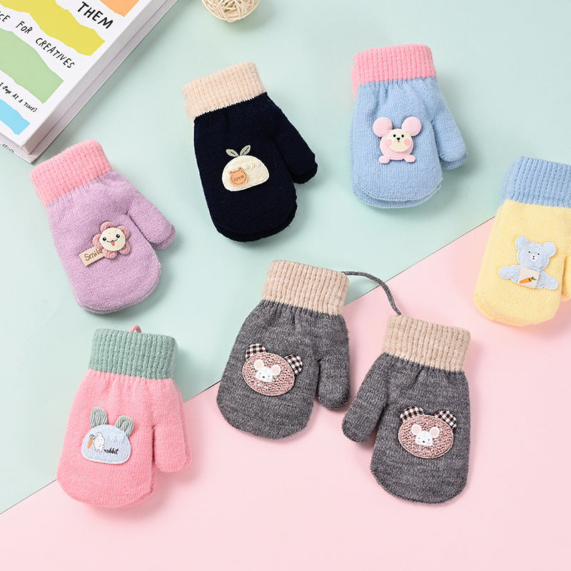 Cartoon Knitted Baby Gloves with Lanyard, Warm Fleece