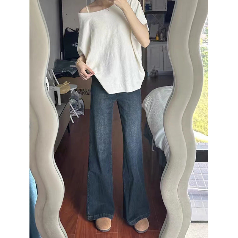 Women Vintage High Waist Fleece Straight Wide Leg Jeans