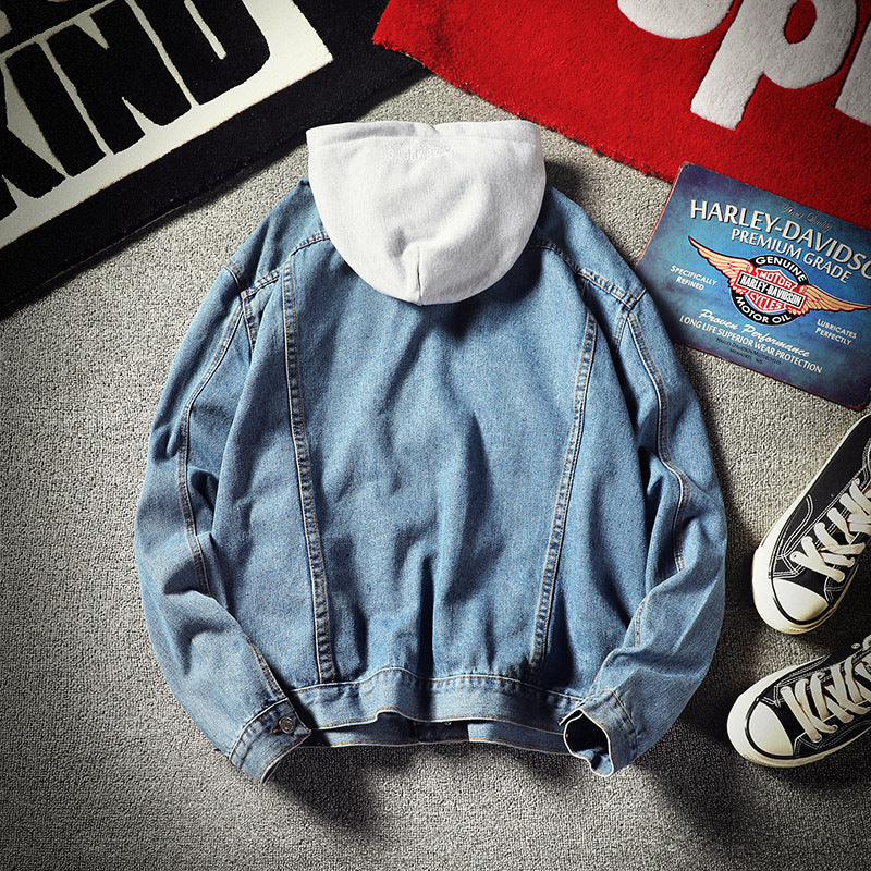 STOCK-Men’s Korean-Style Denim Jacket – Loose Hooded Coat