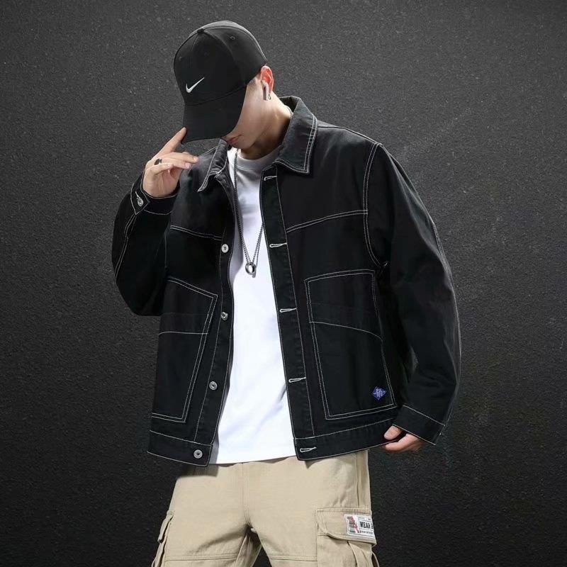 2024 Men's Black Denim Workwear Top Loose