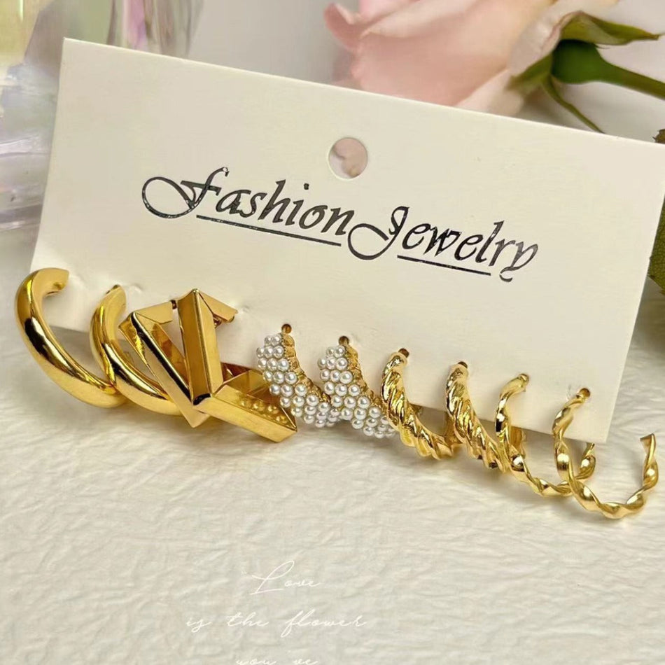 Retro Gold Geometric & Pearl Earrings Set – Fashionable Wholesale