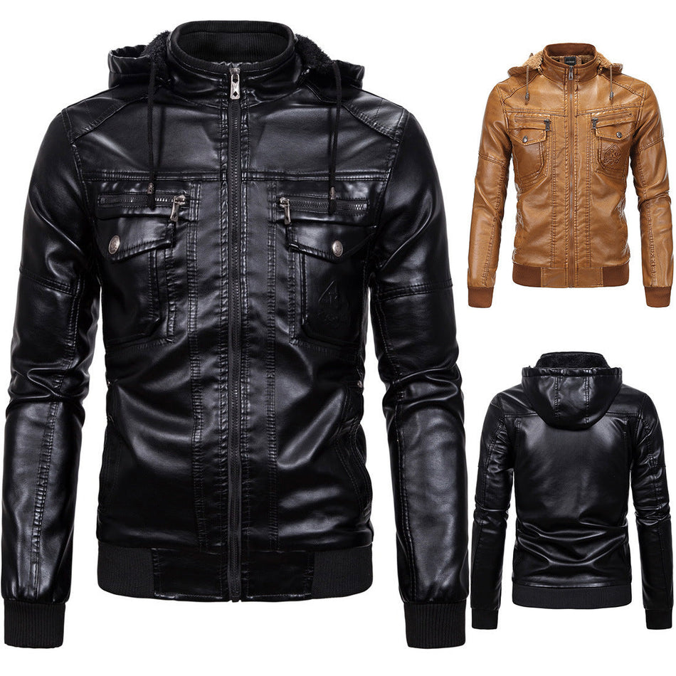 Men’s Fleece-Lined PU Leather Hooded Jacket