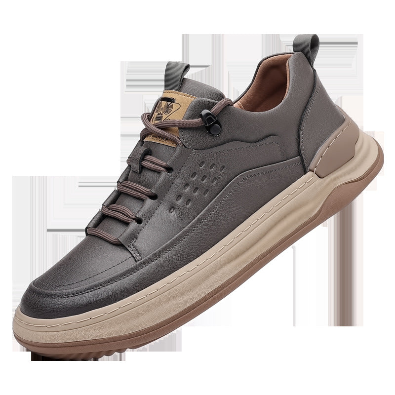 Men's Cowhide Thick Sole Sneakers Breathable Casual Lace-Up Shoes