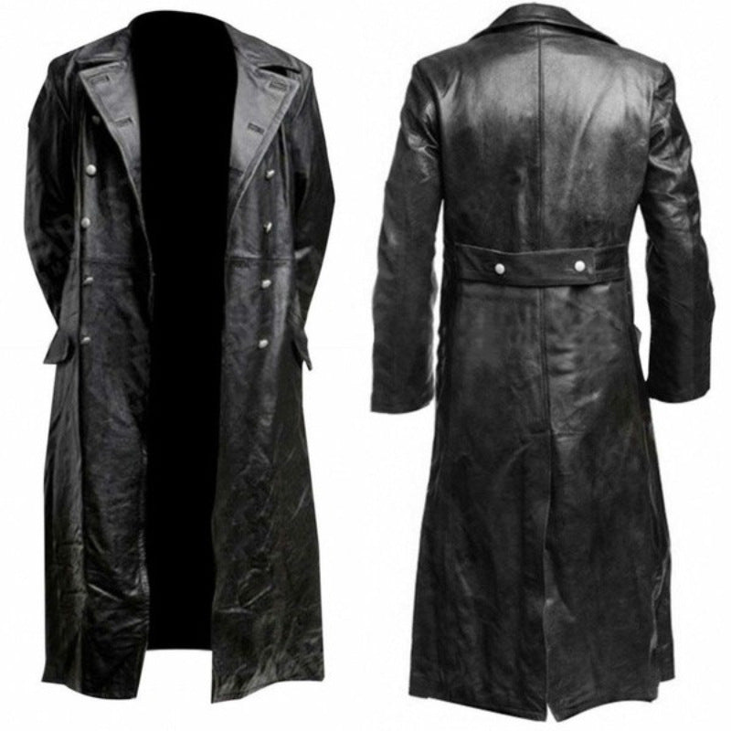 Men’s Plus Size Long Double-Breasted Leather Trench Coat