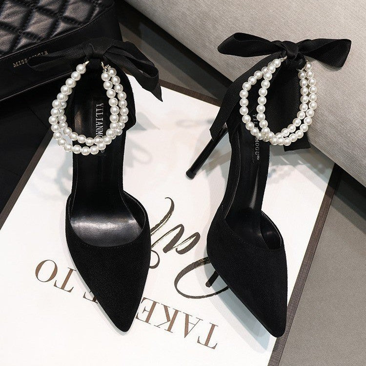 INSTOCK-Black Pointed Bow Stiletto Heels – Elegant Style