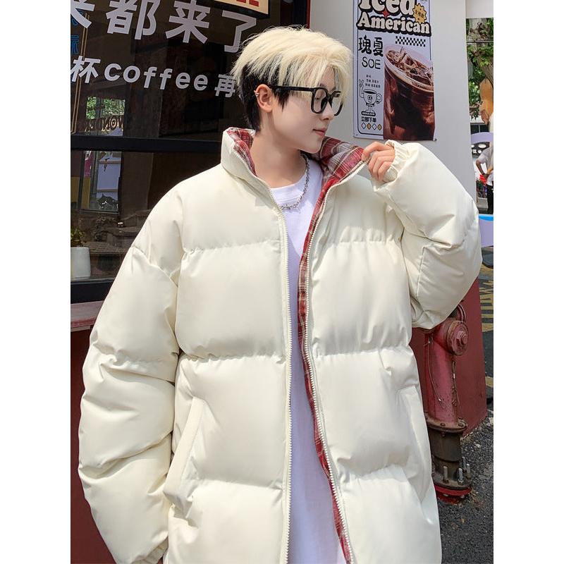 Plaid Stand Collar Men’s Winter Fleece Cotton Jacket